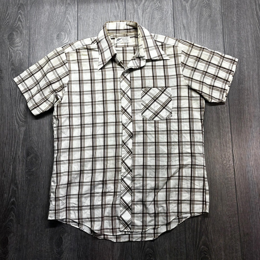 Vintage Zellers Single Needle 1970s Shirt White Plaid XL Geometric